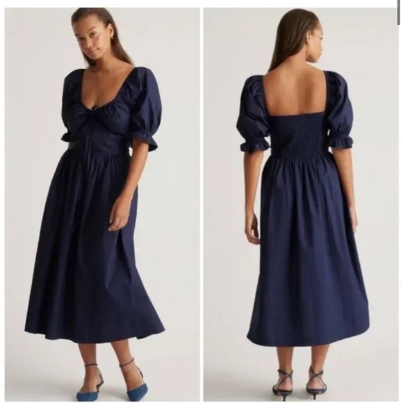 Quince Dresses & Skirts - Quince Navy Blue Organic Cotton Puff Sleeve Midi Dress Sz S Summer Elegant